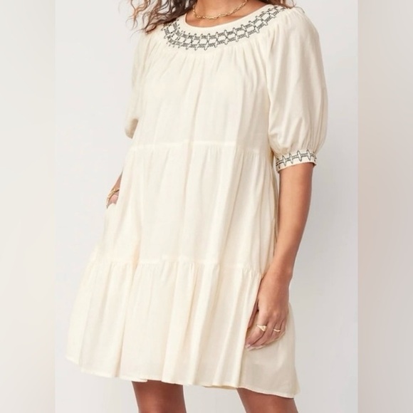 2/$30 Old Navy Cream Smocked Embroidered Short Puff Sleeves Tiered Mini Dress S - Picture 15 of 16